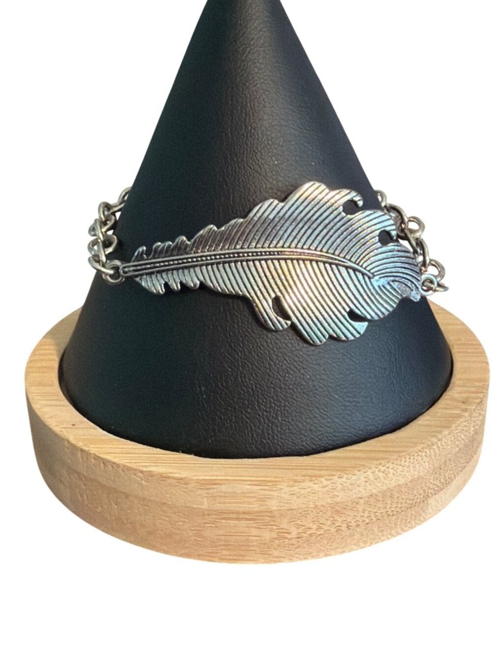 Silver Tone Feather Leaf Bracelet Chain Detailed Lobster Clasp Adj 9"